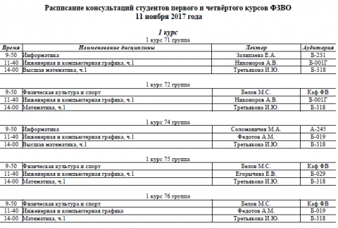 Расписание консультаций 11 ноября 2017 года