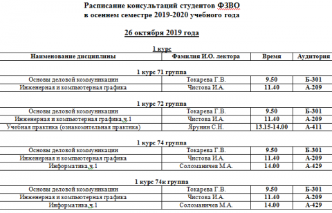 Расписание консультаций 26 октября 2019 года