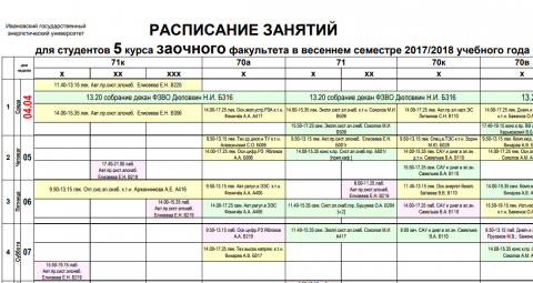 Расписание занятий, зачетов и экзаменов весенней сессии ФЗВО ИГЭУ 2017-2018 учебного года